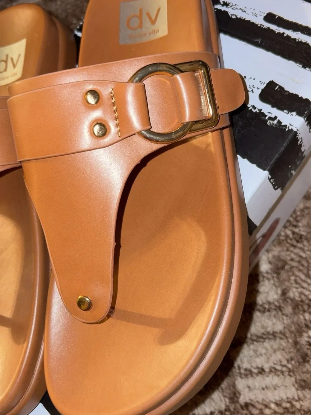 DV Dolce Vita Women's Camel Brown Slide Sandals Gold Buckle Size 9 New with Box
